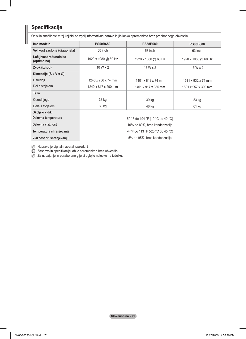 Specifikacije | Samsung PS63B680T6W User Manual | Page 573 / 648