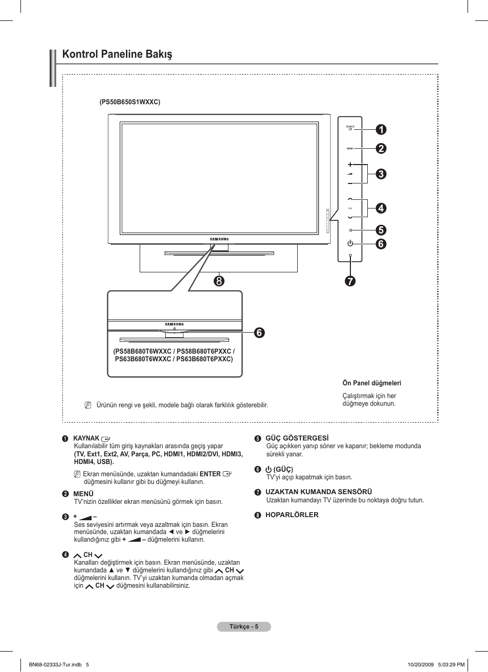 Kontrol paneline bakış | Samsung PS63B680T6W User Manual | Page 577 / 648