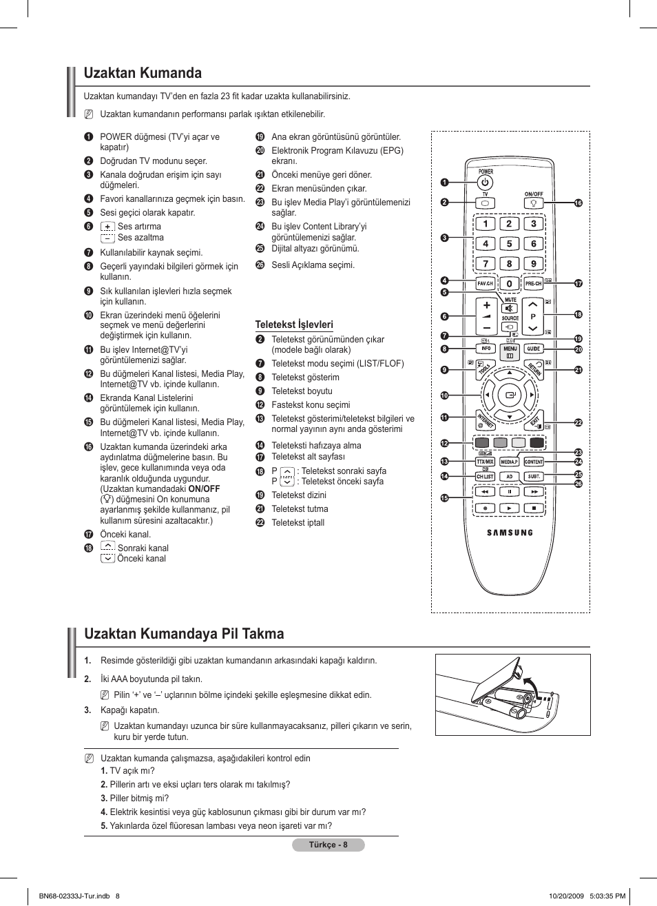 Uzaktan kumanda, Uzaktan kumandaya pil takma | Samsung PS63B680T6W User Manual | Page 580 / 648