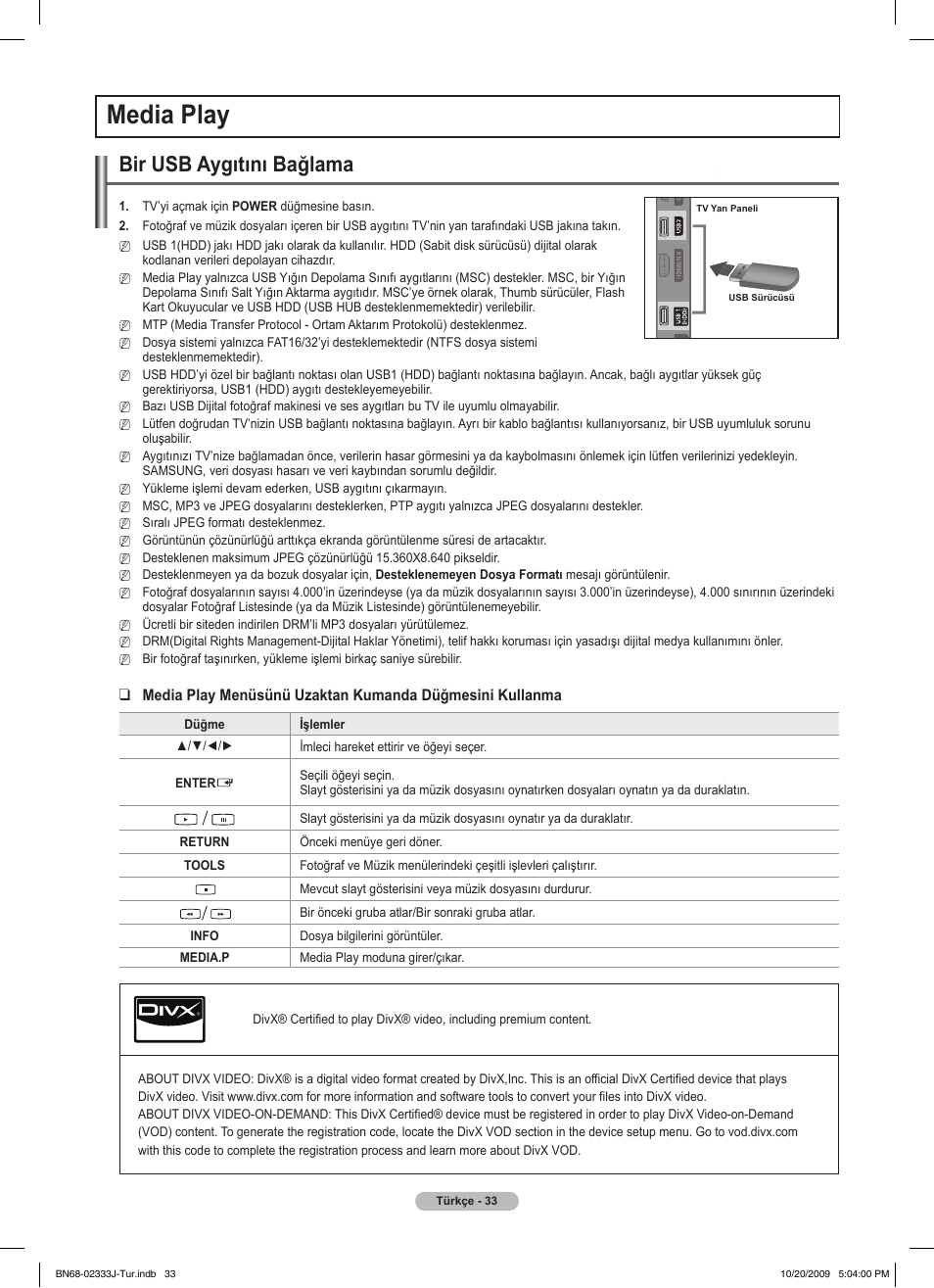 Media play, Bir usb aygıtını bağlama | Samsung PS63B680T6W User Manual | Page 605 / 648