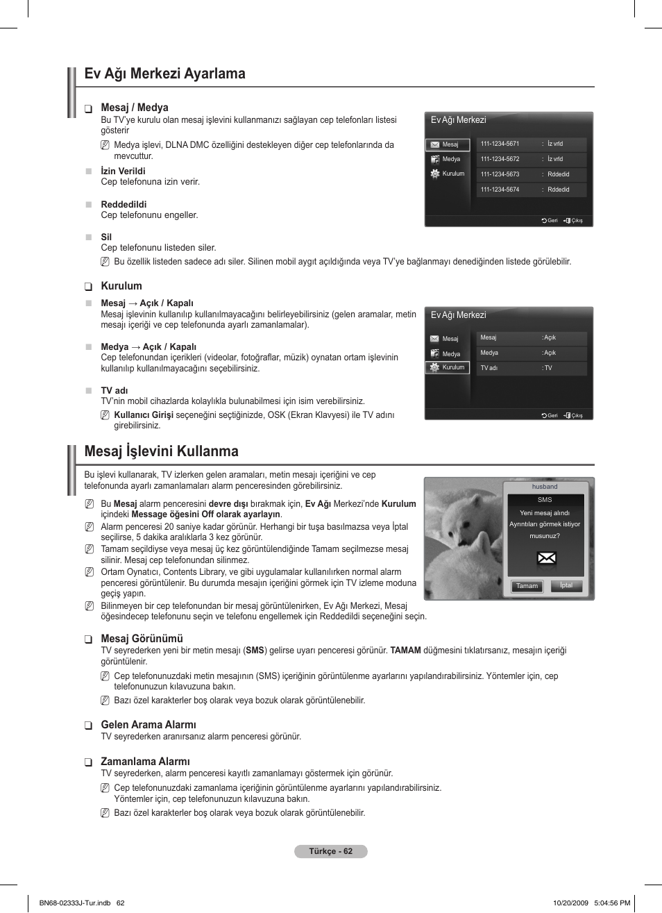 Ev ağı merkezi ayarlama, Mesaj işlevini kullanma, Mesaj / medya | Kurulum, Mesaj görünümü, Gelen arama alarmı, Zamanlama alarmı | Samsung PS63B680T6W User Manual | Page 634 / 648