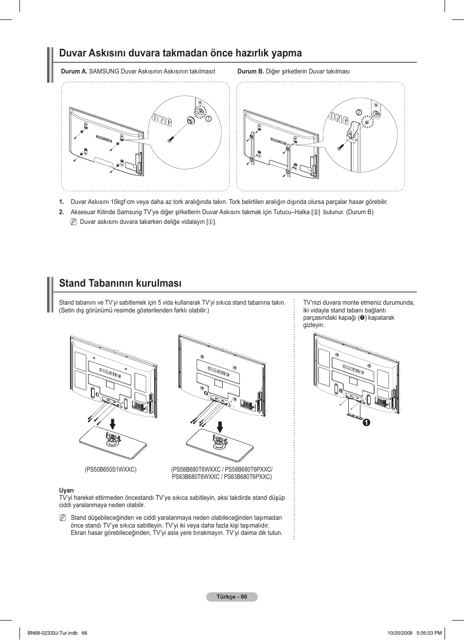 Duvar askısını duvara takmadan önce hazırlık yapma, Stand tabanının kurulması | Samsung PS63B680T6W User Manual | Page 638 / 648