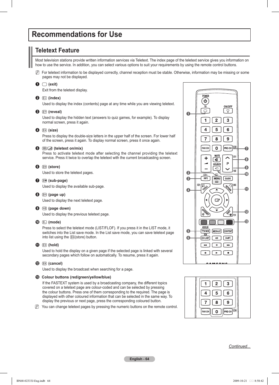 Recommendations for use, Teletext feature | Samsung PS63B680T6W User Manual | Page 64 / 648