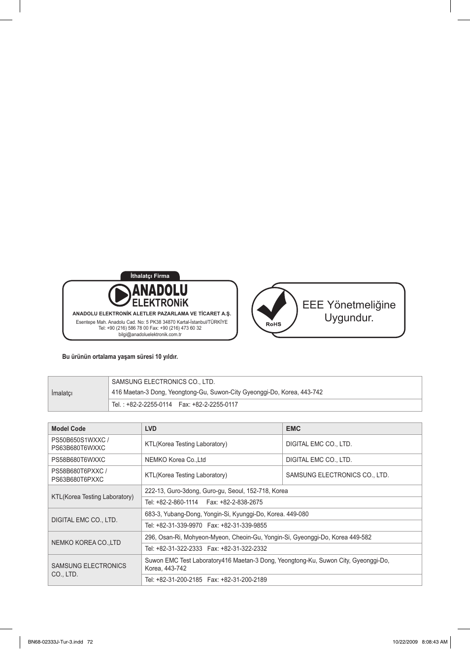Anadolu, Eee yönetmeliğine uygundur, Elektronik | Samsung PS63B680T6W User Manual | Page 644 / 648