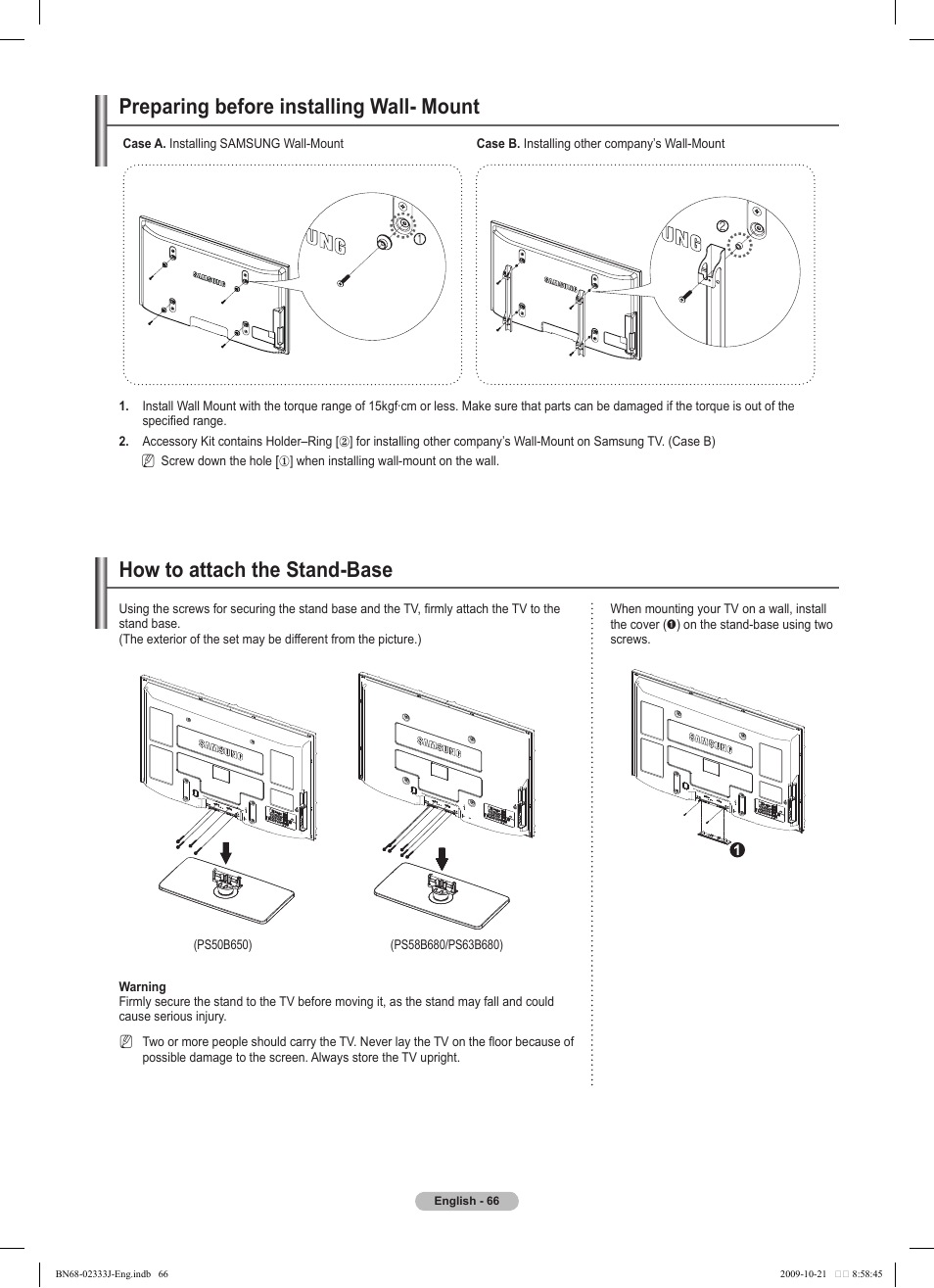 Preparing before installing wall- mount, How to attach the stand-base | Samsung PS63B680T6W User Manual | Page 66 / 648