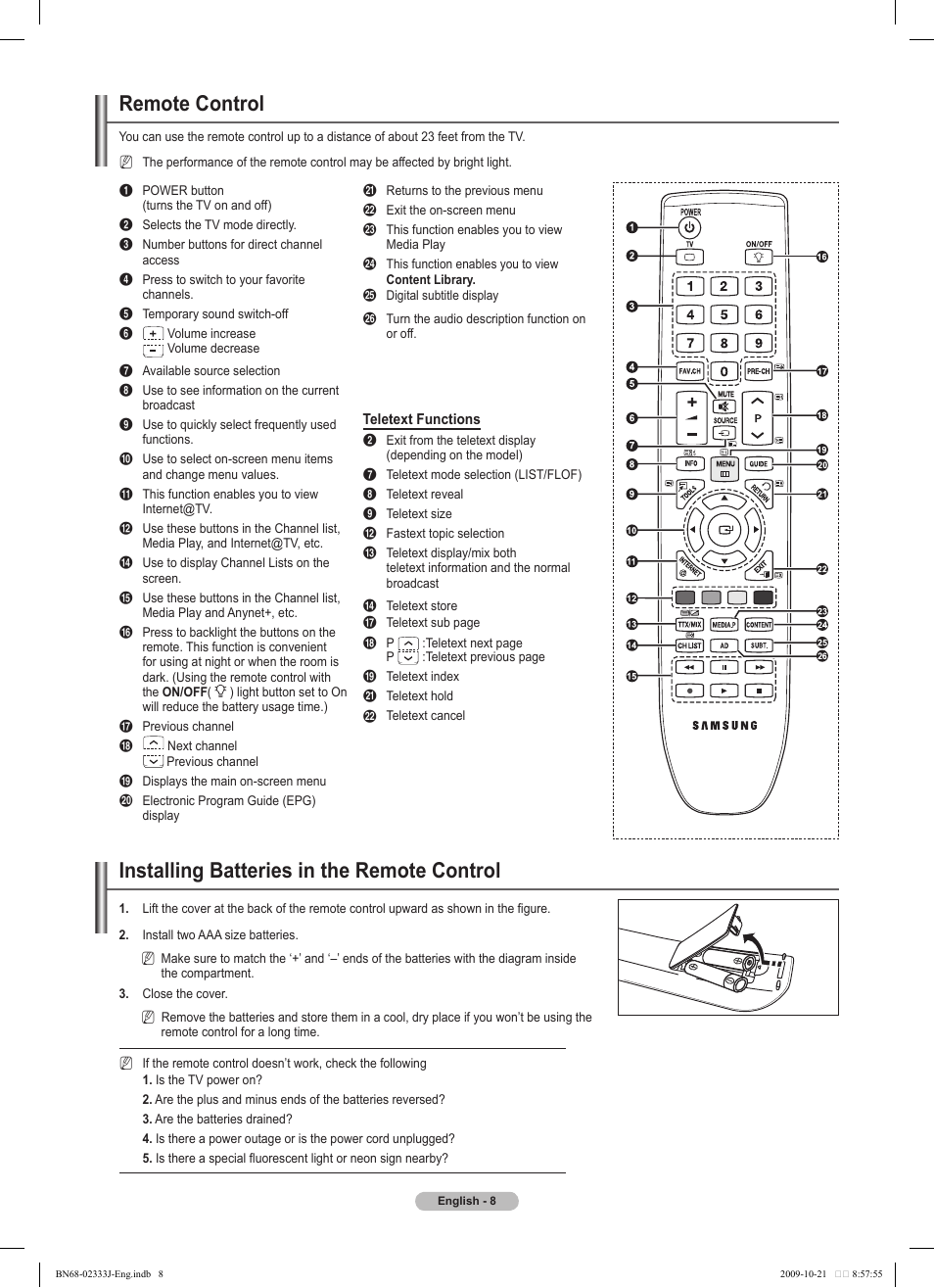 Remote control, Installing batteries in the remote control | Samsung PS63B680T6W User Manual | Page 8 / 648