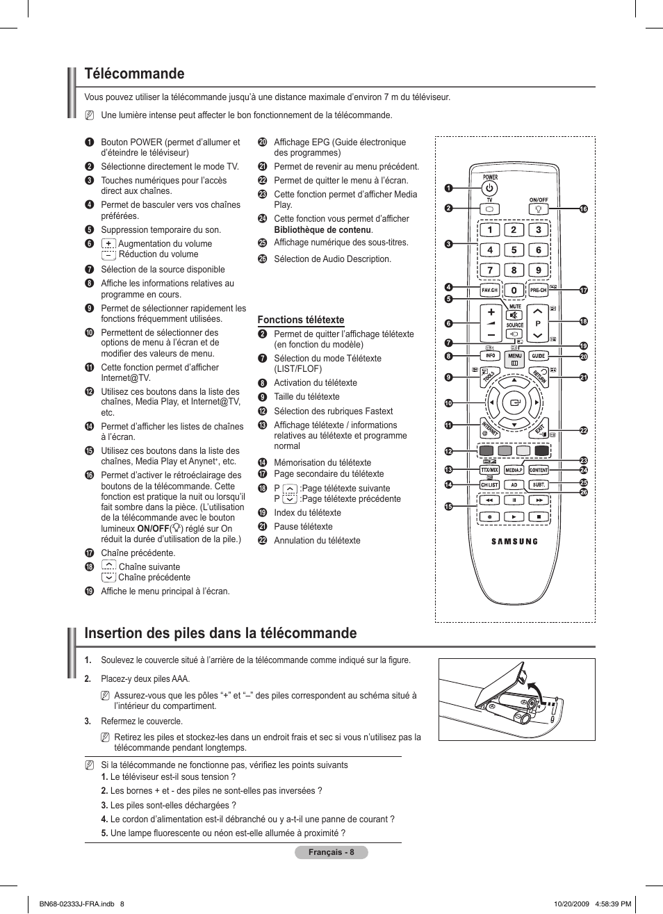 Télécommande, Insertion des piles dans la télécommande | Samsung PS63B680T6W User Manual | Page 89 / 648