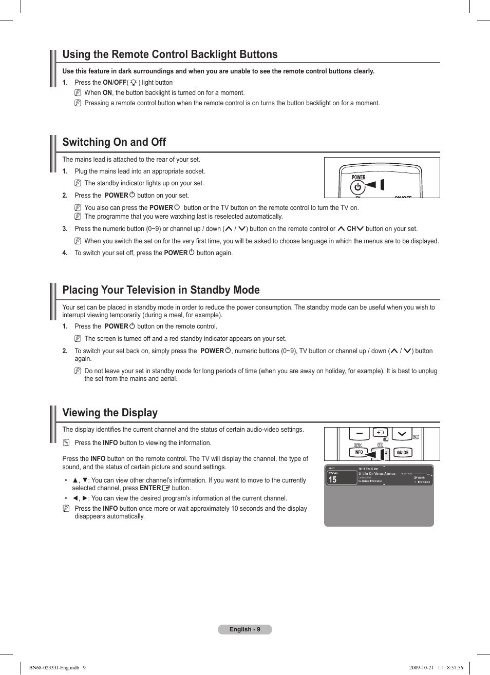 Using the remote control backlight buttons, Switching on and off, Placing your television in standby mode | Viewing the display | Samsung PS63B680T6W User Manual | Page 9 / 648