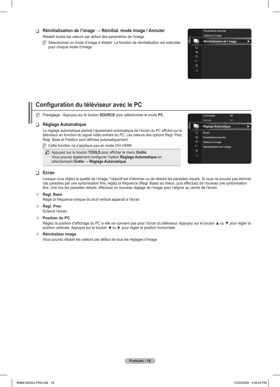 Configuration du téléviseur avec le pc, Réglage automatique, Ecran | Samsung PS63B680T6W User Manual | Page 99 / 648
