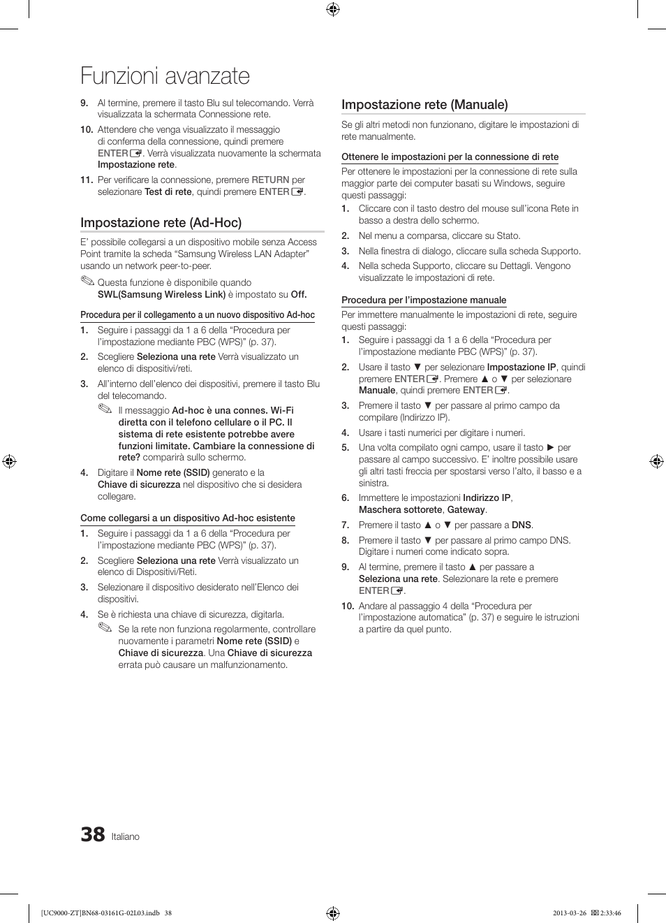 Funzioni avanzate, Impostazione rete (ad-hoc), Impostazione rete (manuale) | Samsung UE40C9000SP User Manual | Page 102 / 195