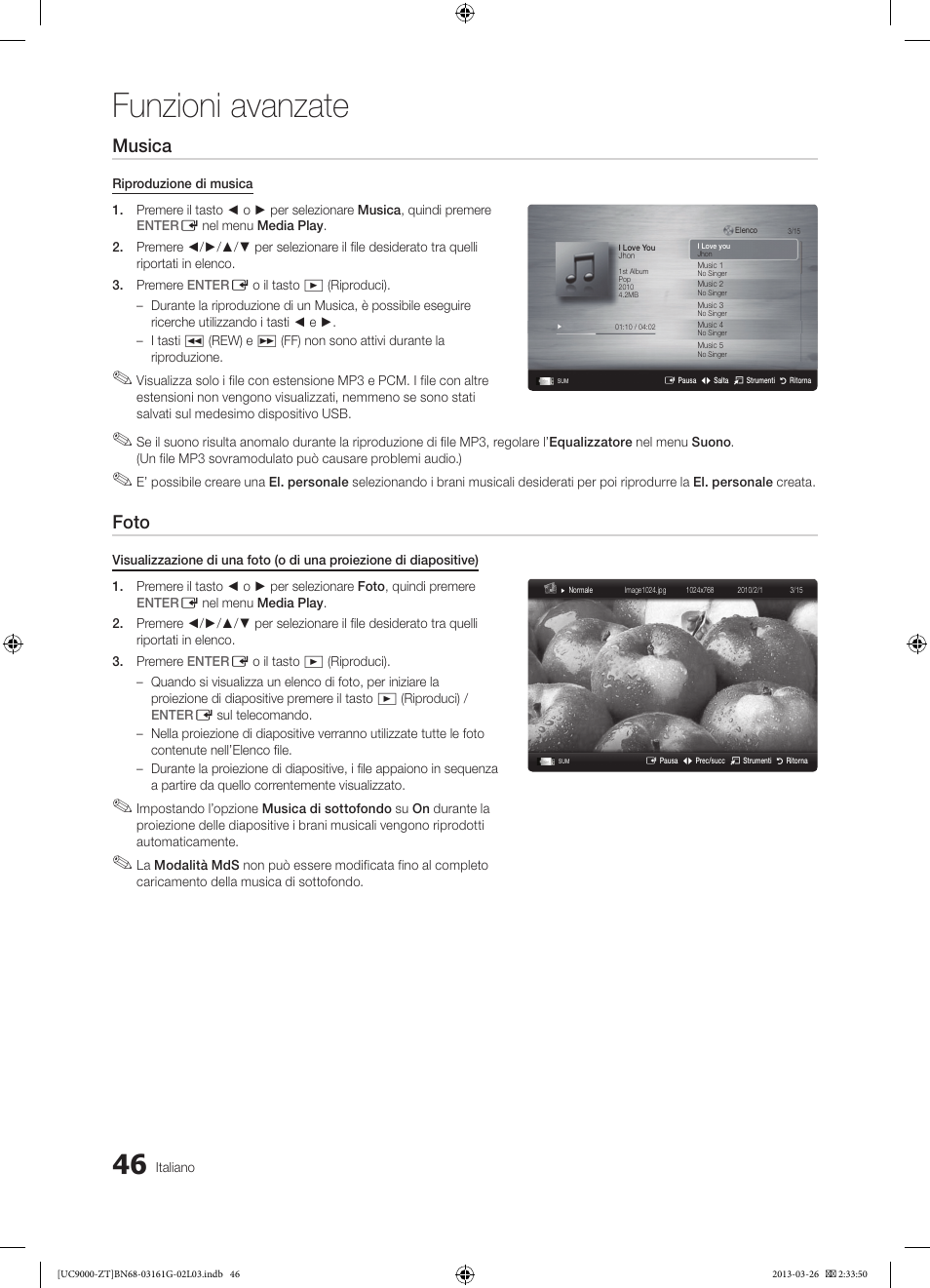 Funzioni avanzate, Musica, Foto | Samsung UE40C9000SP User Manual | Page 110 / 195