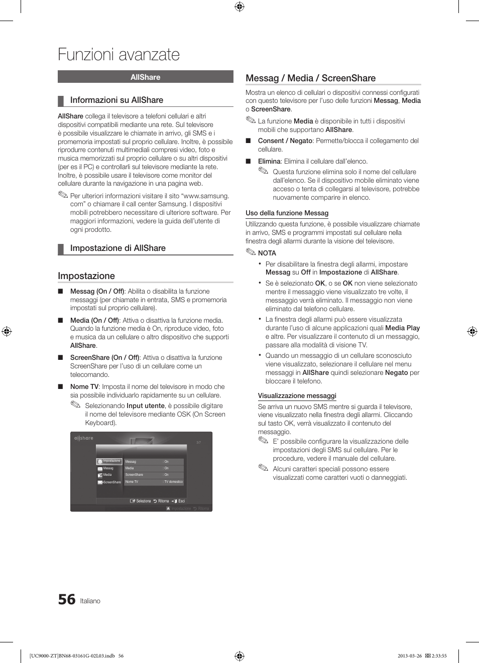 Funzioni avanzate, Impostazione, Messag / media / screenshare | Samsung UE40C9000SP User Manual | Page 120 / 195