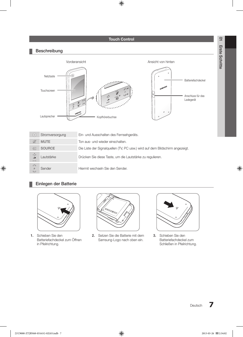 Beschreibung, Einlegen der batterie | Samsung UE40C9000SP User Manual | Page 137 / 195