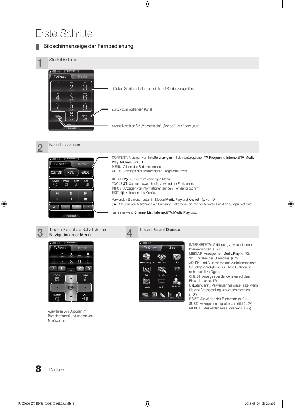 Erste schritte, Bildschirmanzeige der fernbedienung | Samsung UE40C9000SP User Manual | Page 138 / 195