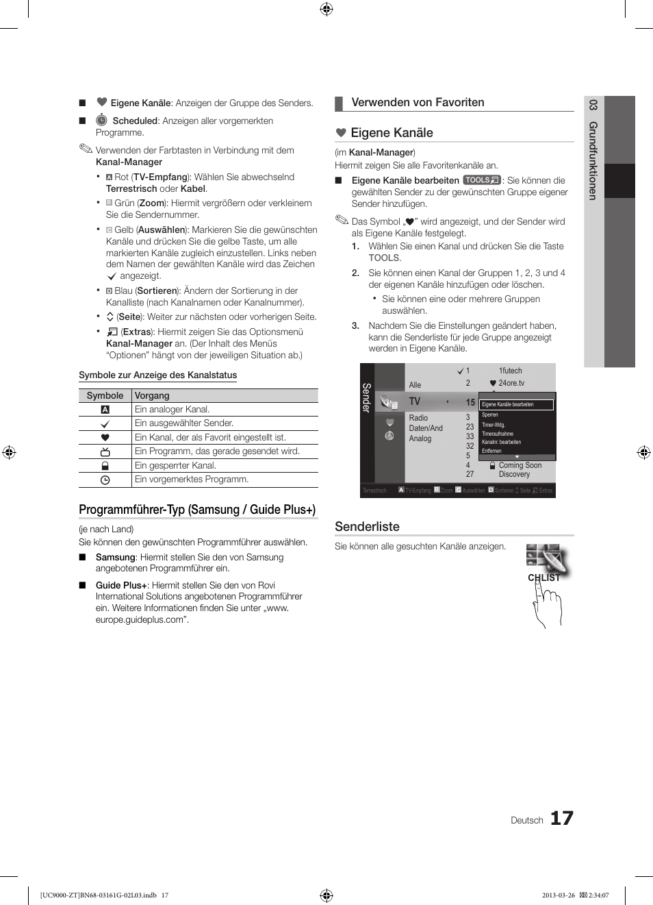 Programmführer-typ (samsung / guide plus+), Eigene kanäle, Senderliste | Samsung UE40C9000SP User Manual | Page 147 / 195