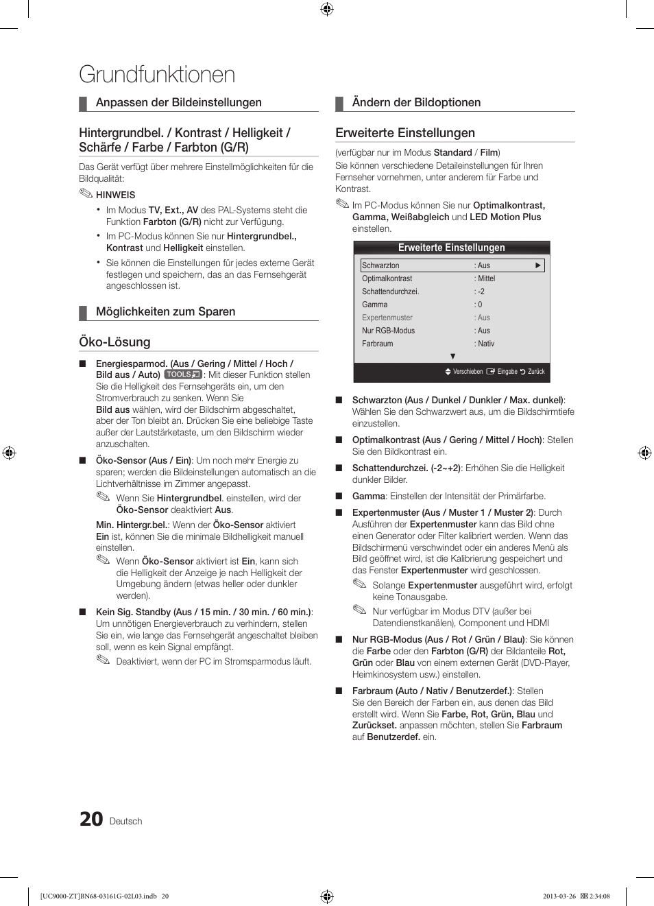 Grundfunktionen, Öko-lösung, Erweiterte einstellungen | Samsung UE40C9000SP User Manual | Page 150 / 195