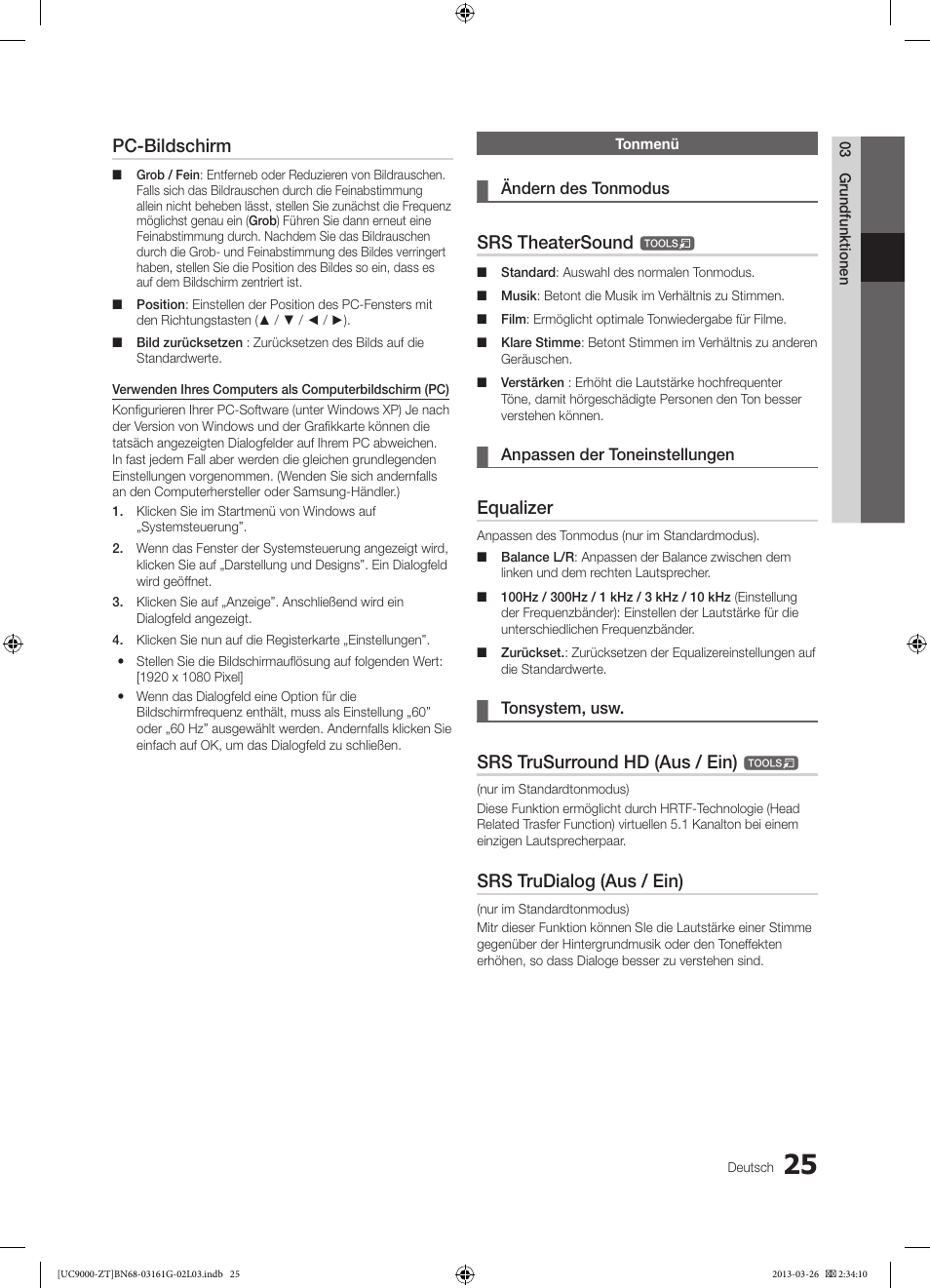 Pc-bildschirm, Srs theatersound, Equalizer | Srs trusurround hd (aus / ein), Srs trudialog (aus / ein) | Samsung UE40C9000SP User Manual | Page 155 / 195