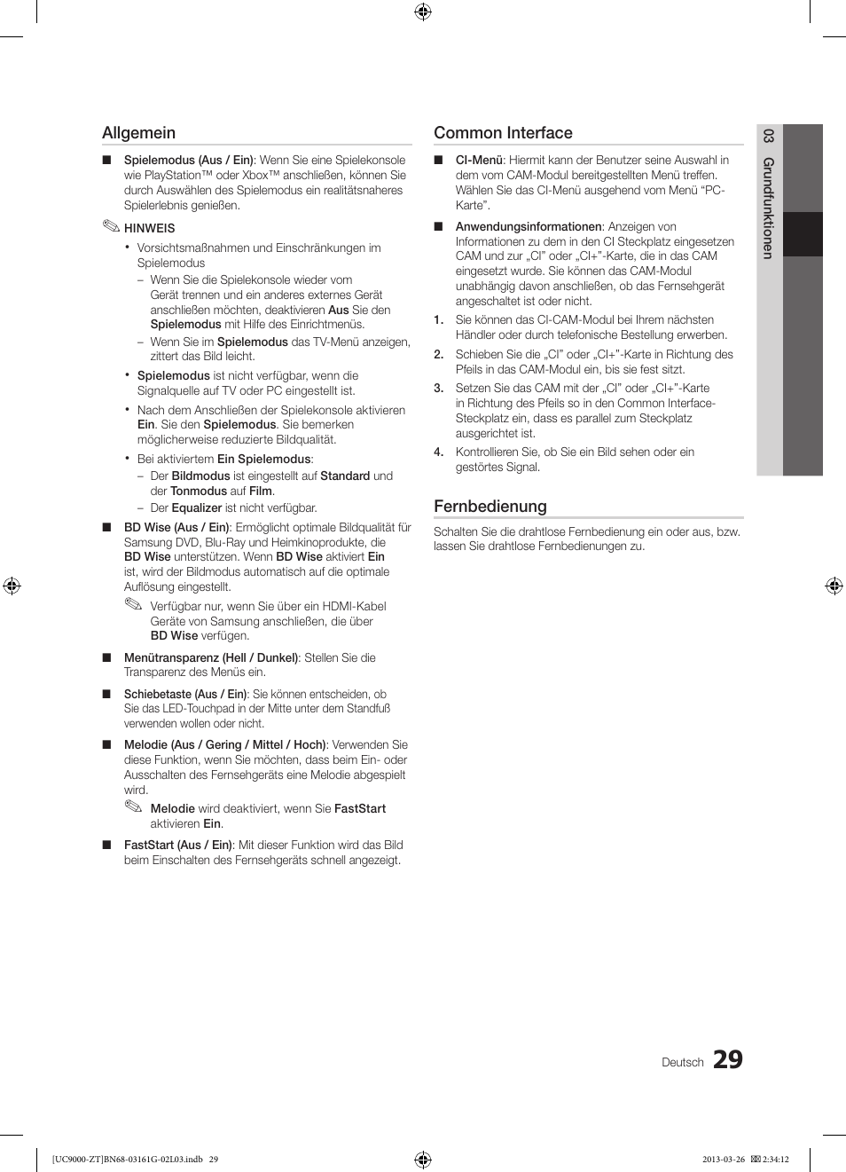 Allgemein, Common interface, Fernbedienung | Samsung UE40C9000SP User Manual | Page 159 / 195