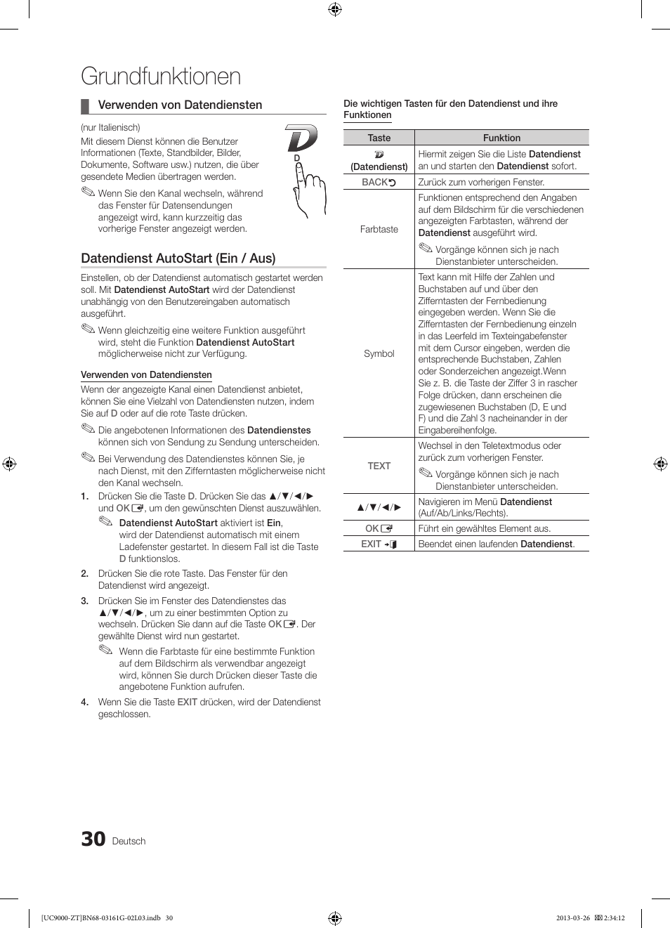 Grundfunktionen, Datendienst autostart (ein / aus) | Samsung UE40C9000SP User Manual | Page 160 / 195
