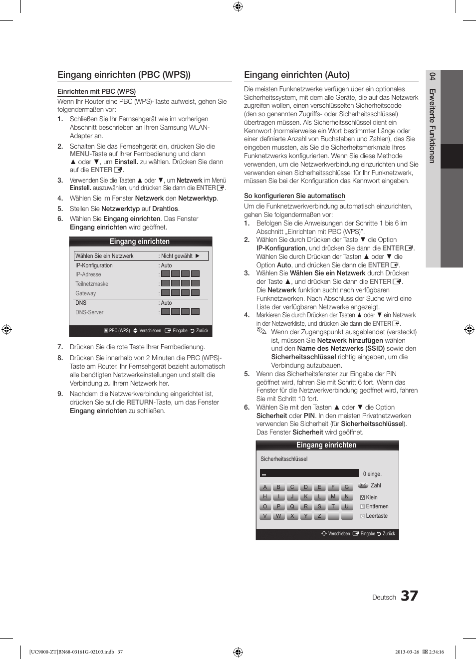 Eingang einrichten (pbc (wps)), Eingang einrichten (auto) | Samsung UE40C9000SP User Manual | Page 167 / 195