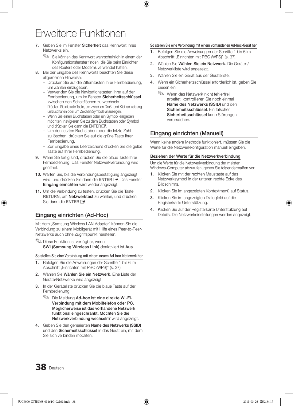 Erweiterte funktionen, Eingang einrichten (ad-hoc), Eingang einrichten (manuell) | Samsung UE40C9000SP User Manual | Page 168 / 195