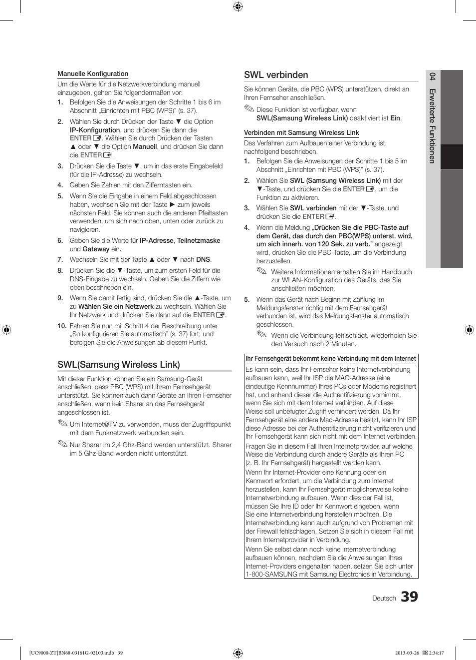 Swl(samsung wireless link), Swl verbinden | Samsung UE40C9000SP User Manual | Page 169 / 195
