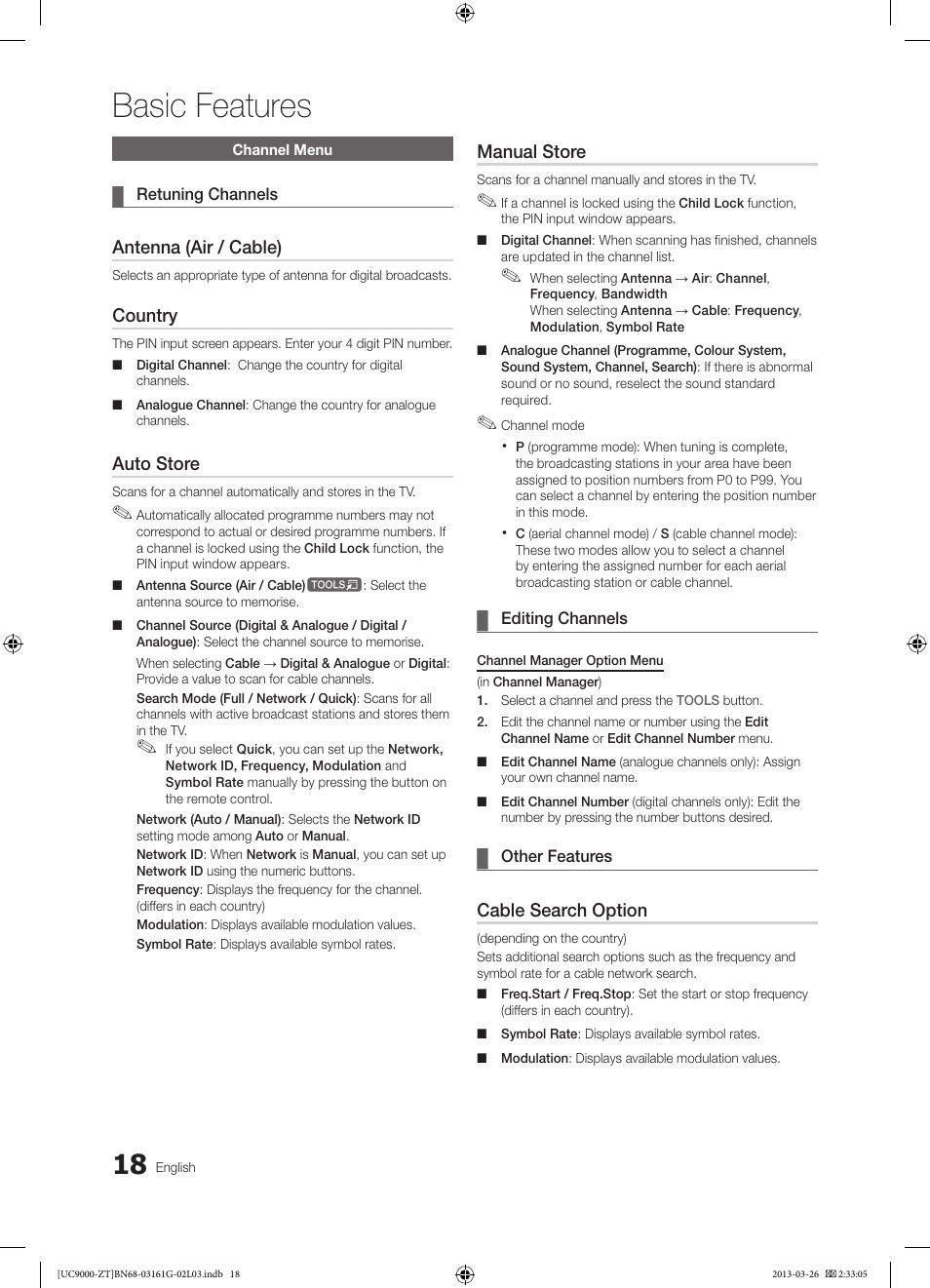 Basic features, Antenna (air / cable), Country | Auto store, Manual store, Cable search option | Samsung UE40C9000SP User Manual | Page 18 / 195