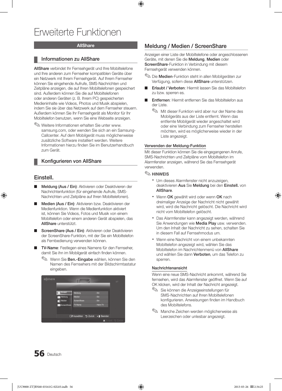 Erweiterte funktionen, Einstell, Meldung / medien / screenshare | Samsung UE40C9000SP User Manual | Page 186 / 195