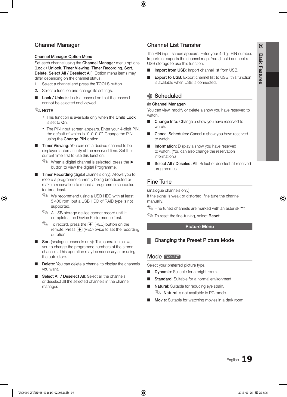 Channel manager, Channel list transfer, Scheduled | Fine tune, Mode | Samsung UE40C9000SP User Manual | Page 19 / 195