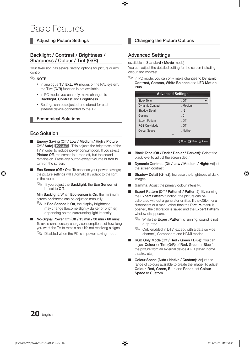 Basic features, Eco solution, Advanced settings | Samsung UE40C9000SP User Manual | Page 20 / 195