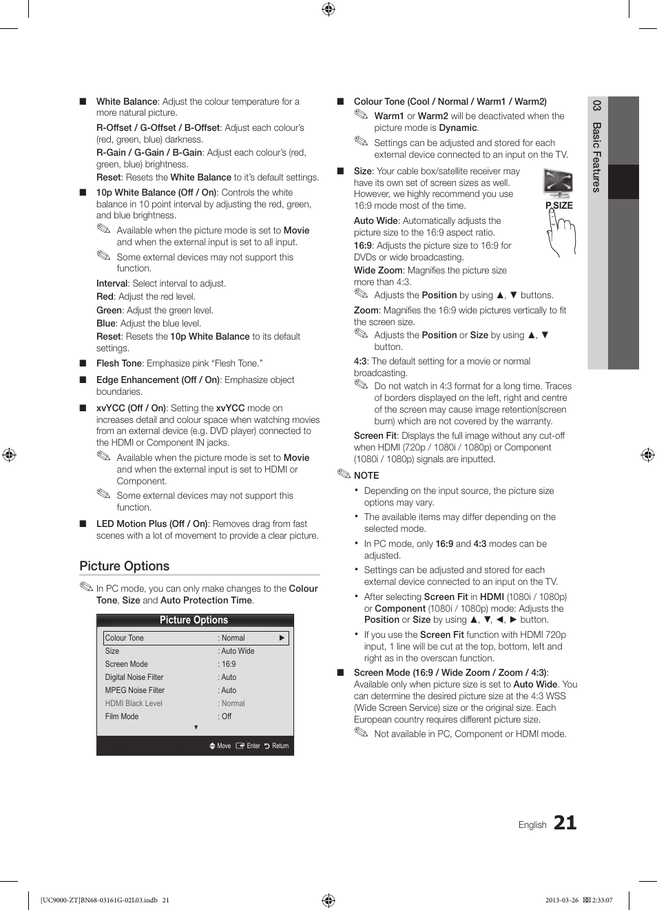 Picture options | Samsung UE40C9000SP User Manual | Page 21 / 195