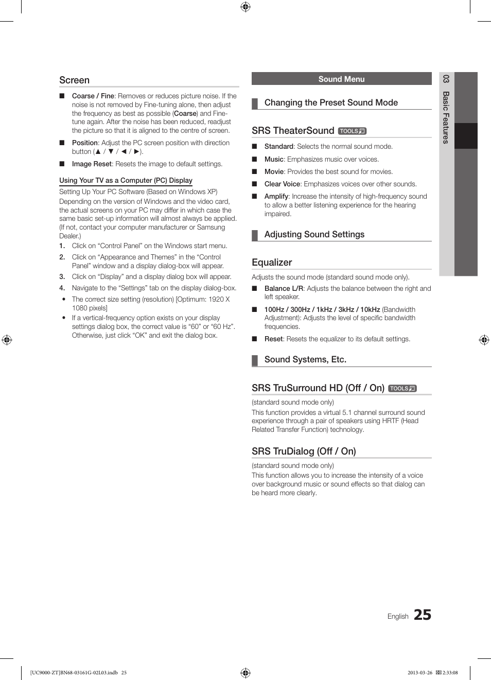 Screen, Srs theatersound, Equalizer | Srs trusurround hd (off / on), Srs trudialog (off / on) | Samsung UE40C9000SP User Manual | Page 25 / 195