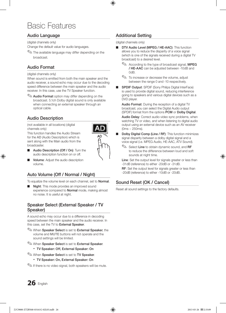 Basic features | Samsung UE40C9000SP User Manual | Page 26 / 195