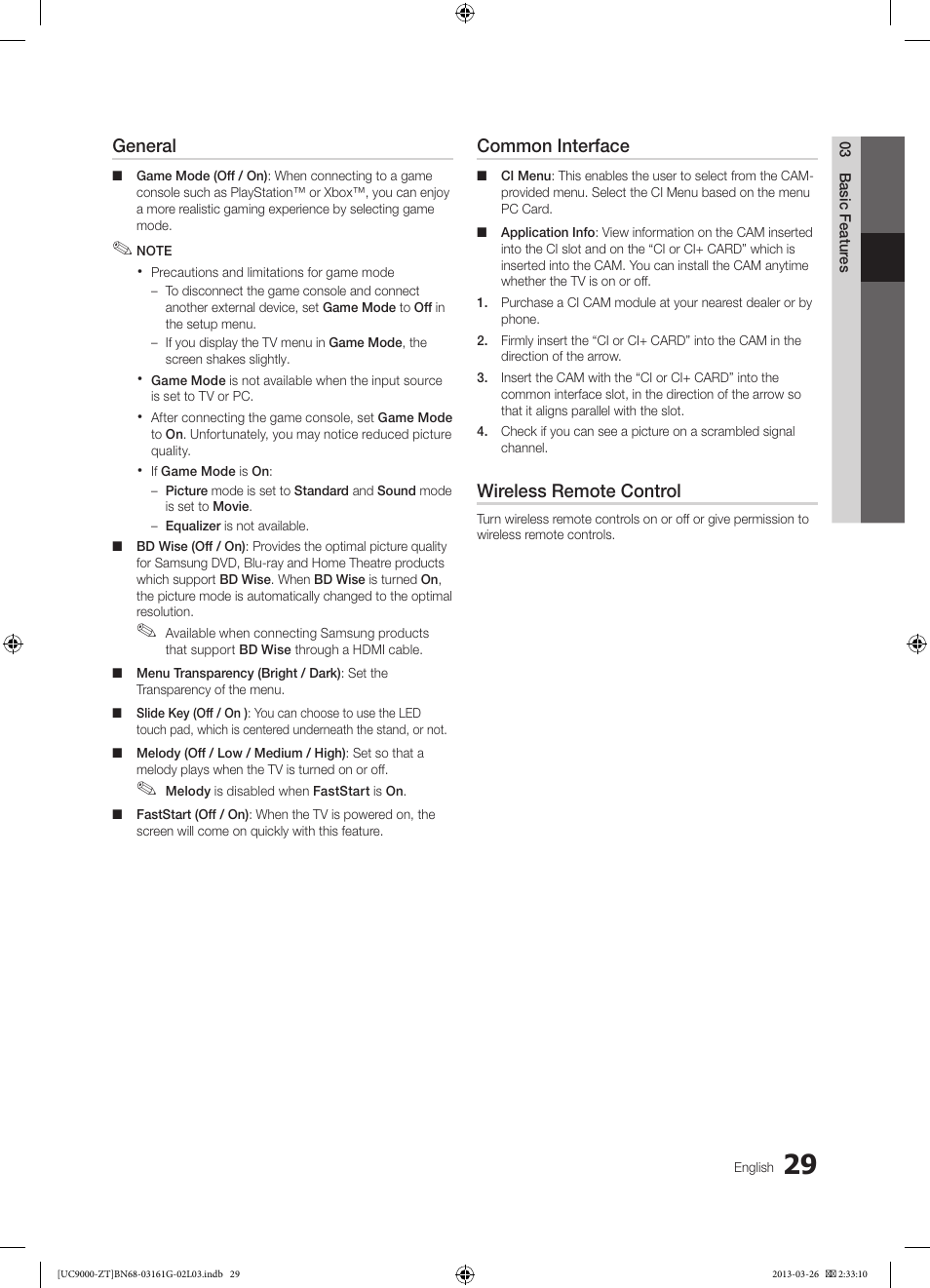 General, Common interface, Wireless remote control | Samsung UE40C9000SP User Manual | Page 29 / 195