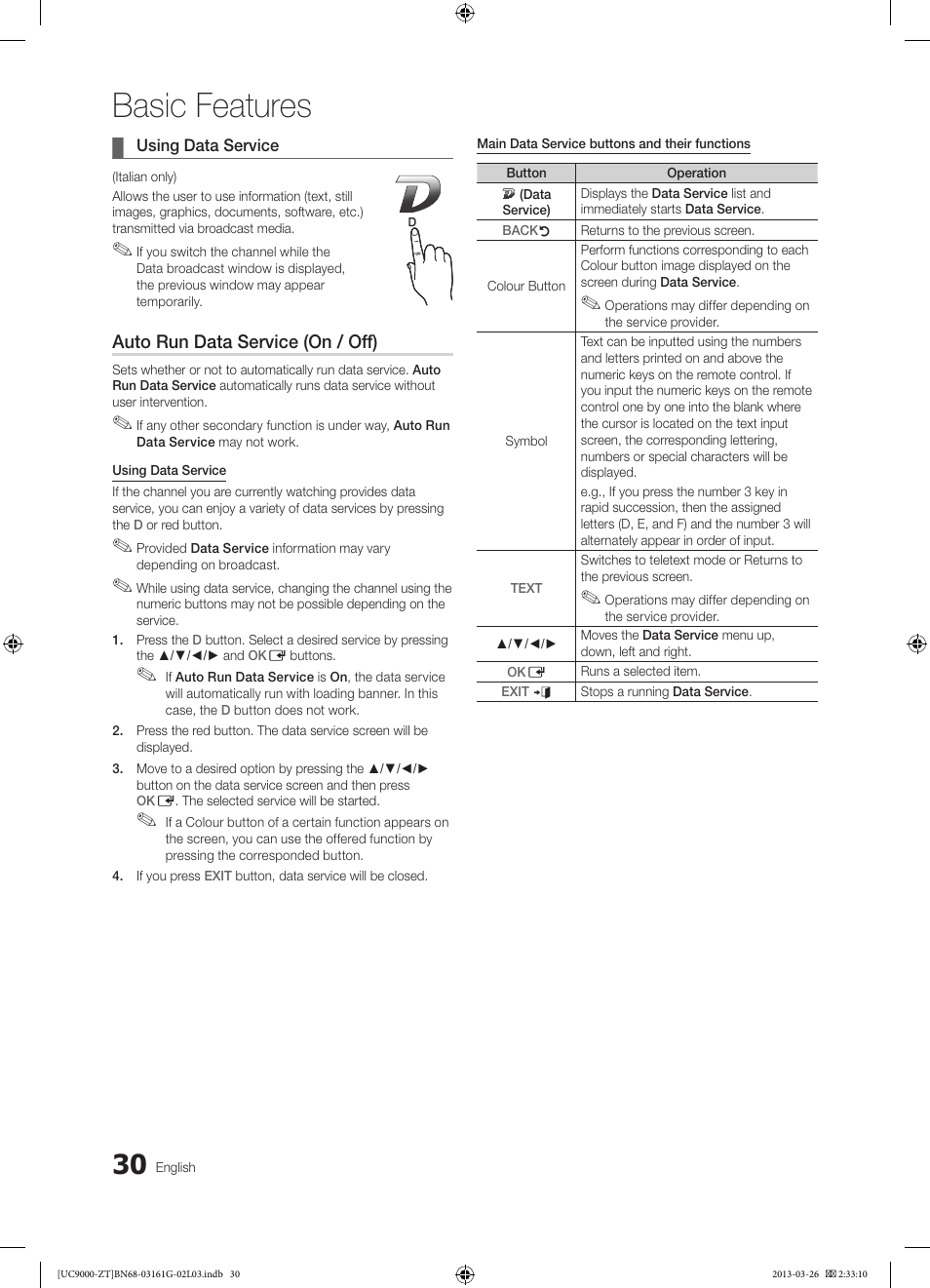Basic features, Auto run data service (on / off) | Samsung UE40C9000SP User Manual | Page 30 / 195