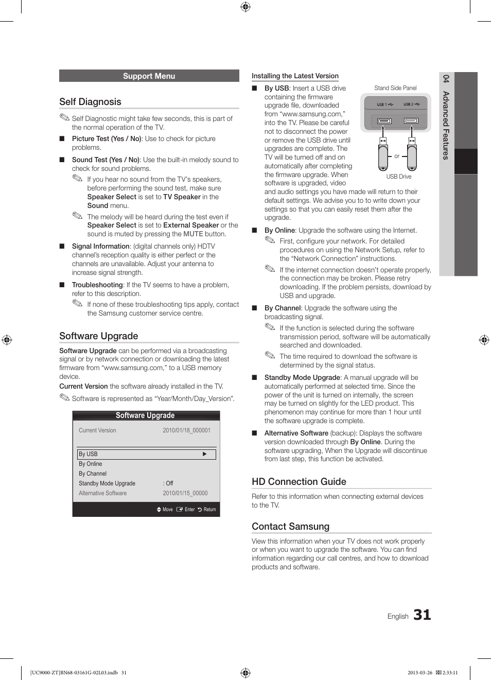 Self diagnosis, Software upgrade, Hd connection guide | Contact samsung | Samsung UE40C9000SP User Manual | Page 31 / 195