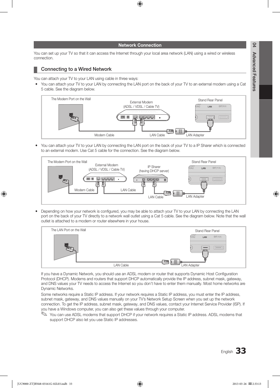 Connecting to a wired network | Samsung UE40C9000SP User Manual | Page 33 / 195
