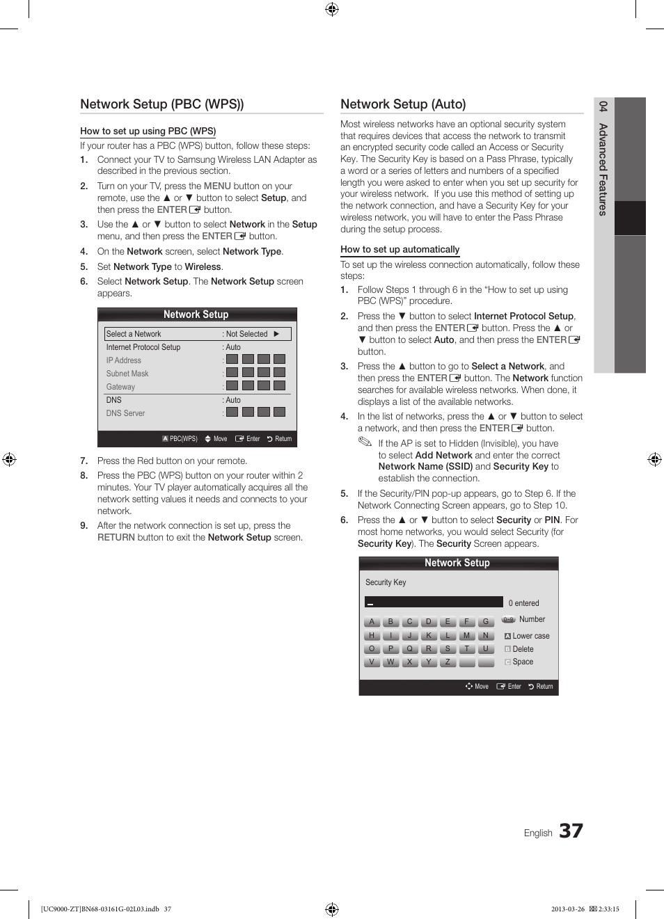 Network setup (pbc (wps)), Network setup (auto) | Samsung UE40C9000SP User Manual | Page 37 / 195