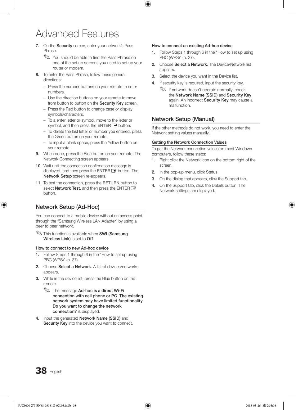 Advanced features, Network setup (ad-hoc), Network setup (manual) | Samsung UE40C9000SP User Manual | Page 38 / 195