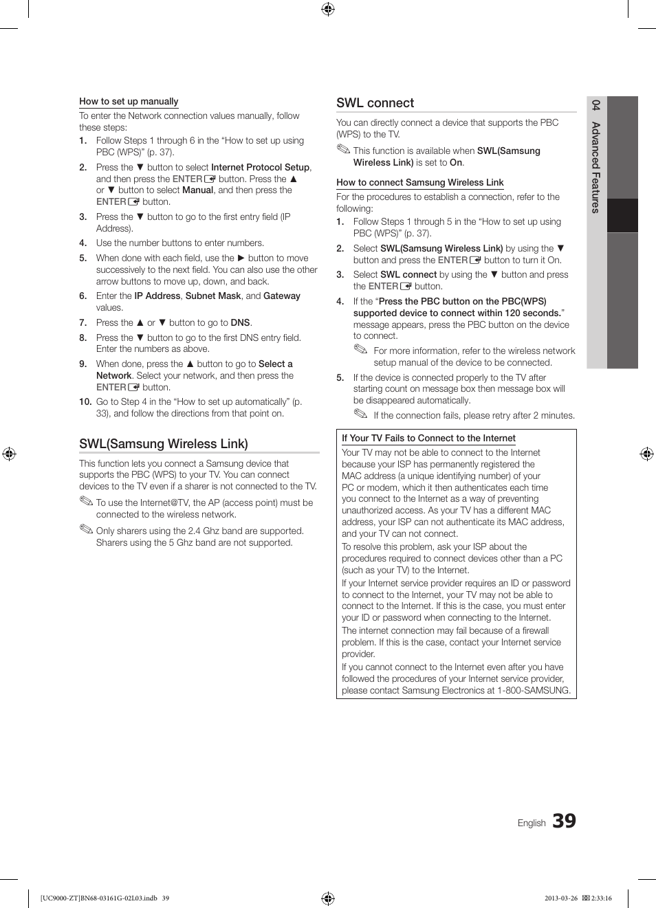 Swl(samsung wireless link), Swl connect | Samsung UE40C9000SP User Manual | Page 39 / 195