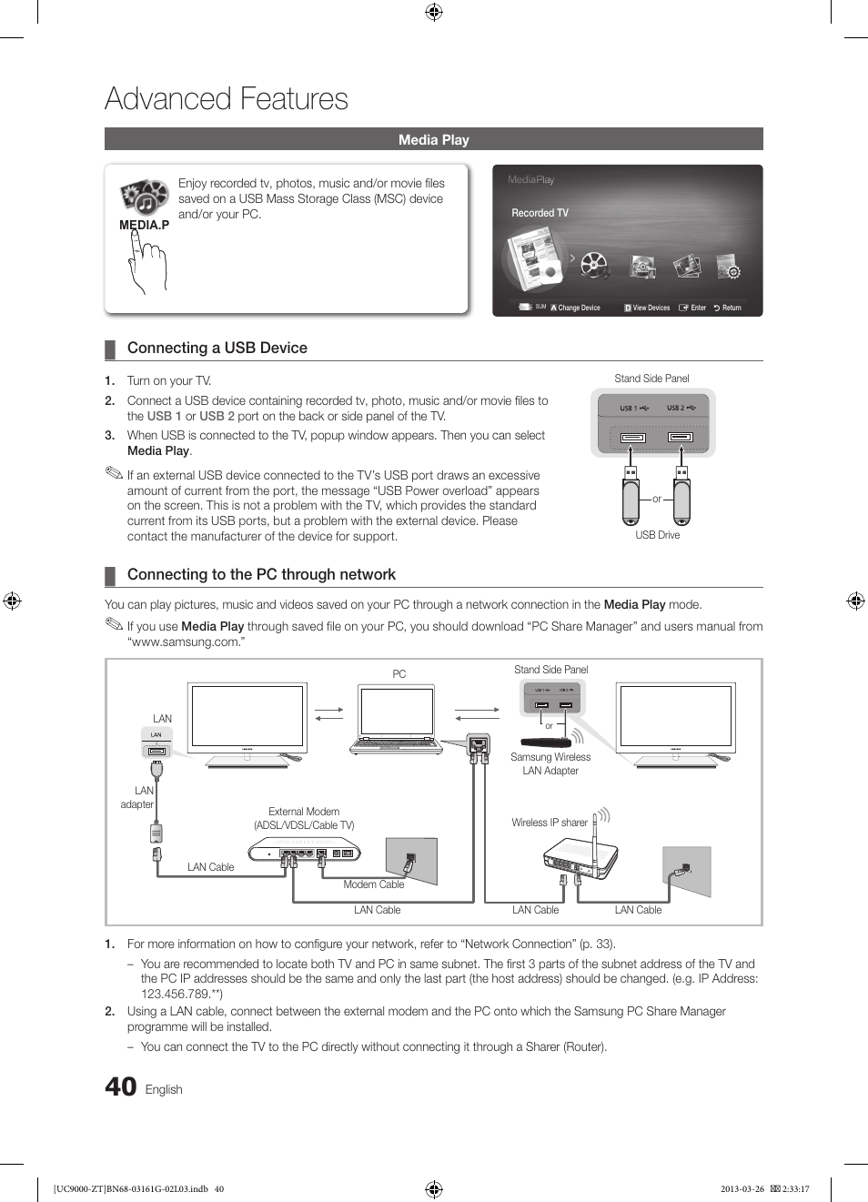 Advanced features | Samsung UE40C9000SP User Manual | Page 40 / 195