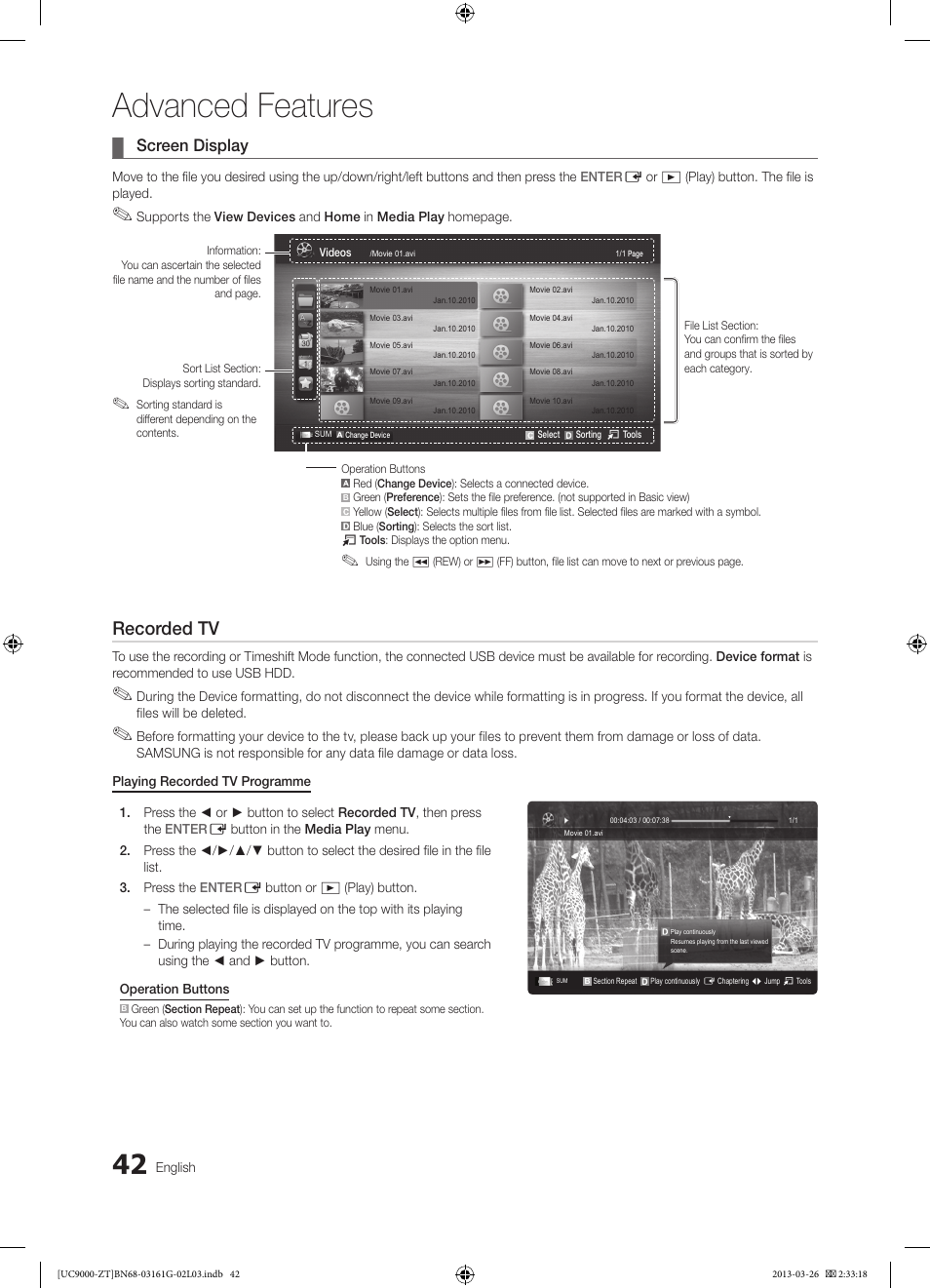 Advanced features, Recorded tv, Screen display | Samsung UE40C9000SP User Manual | Page 42 / 195