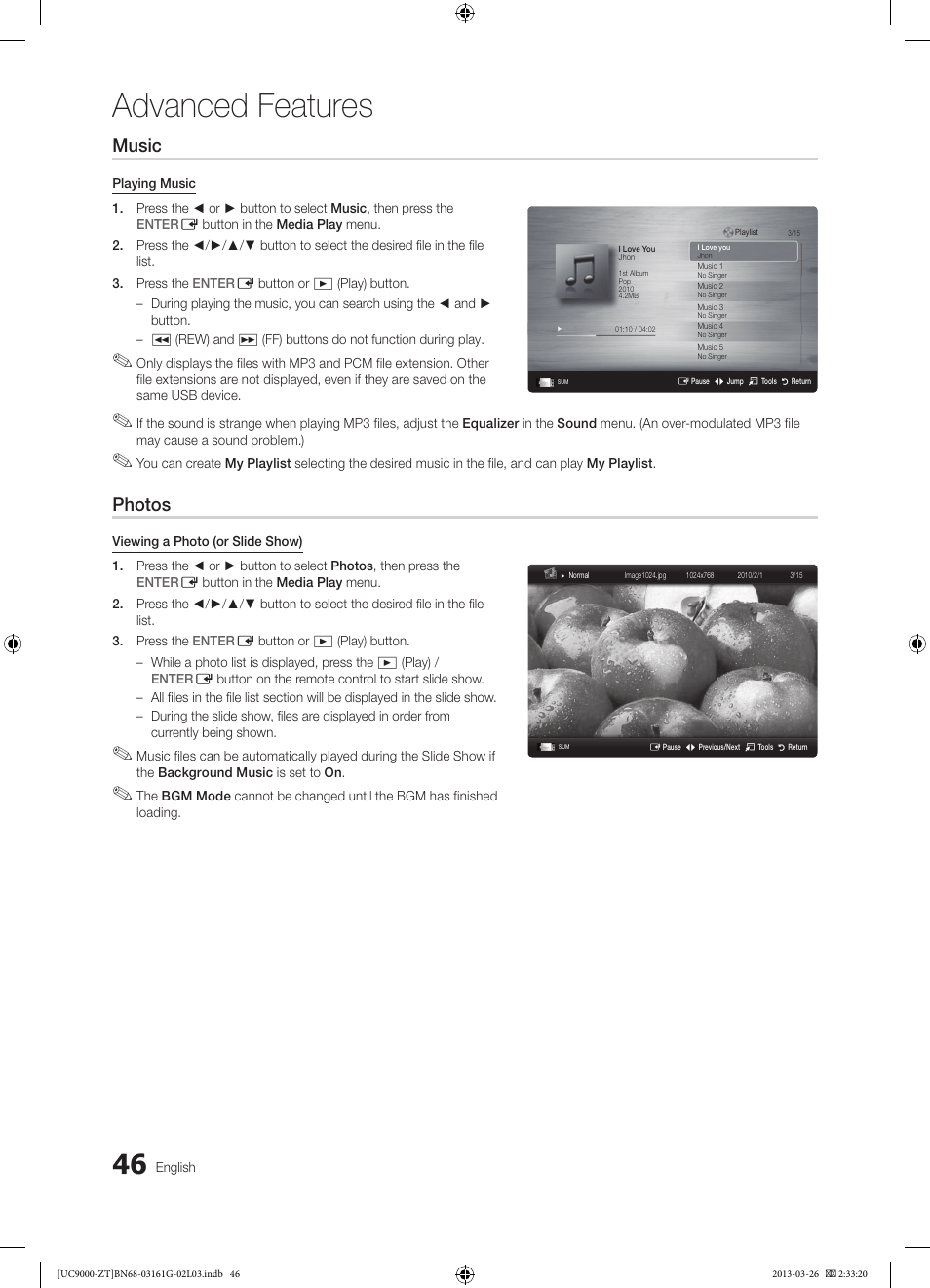 Advanced features, Music, Photos | Samsung UE40C9000SP User Manual | Page 46 / 195