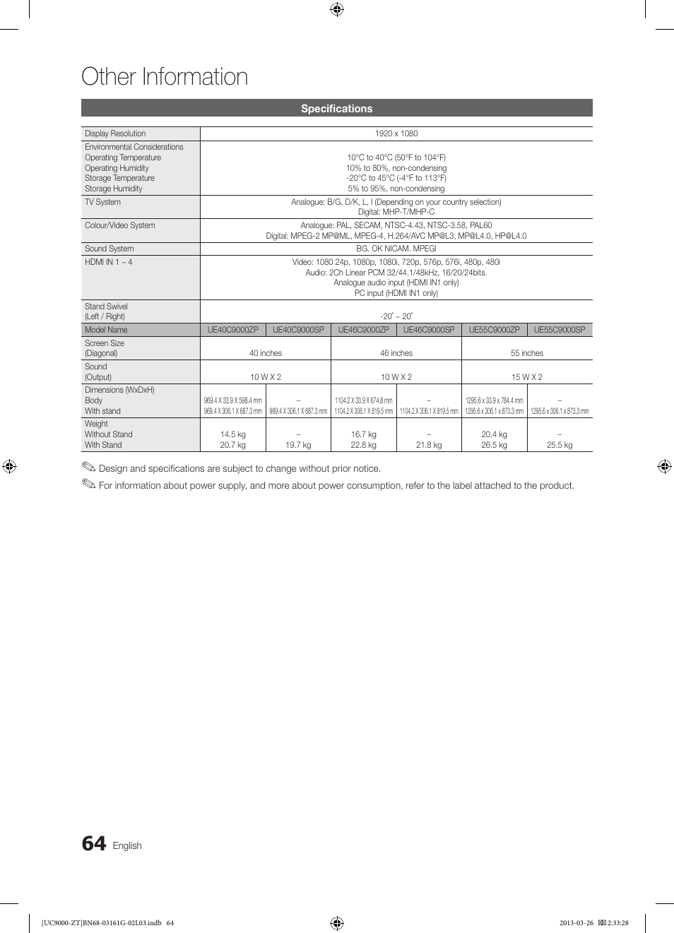Other information | Samsung UE40C9000SP User Manual | Page 64 / 195