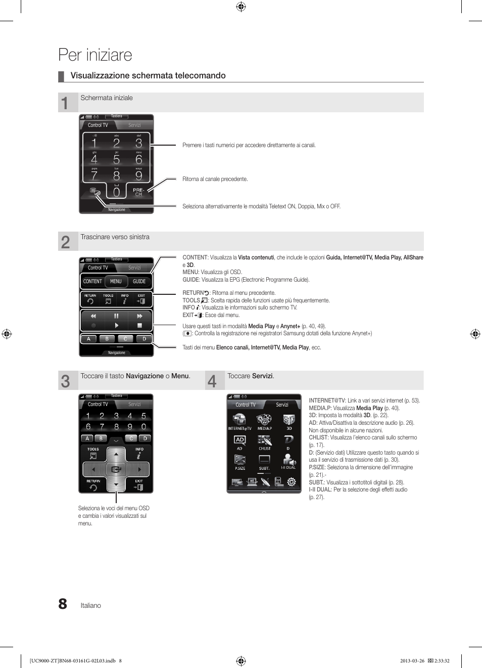 Per iniziare, Visualizzazione schermata telecomando | Samsung UE40C9000SP User Manual | Page 72 / 195