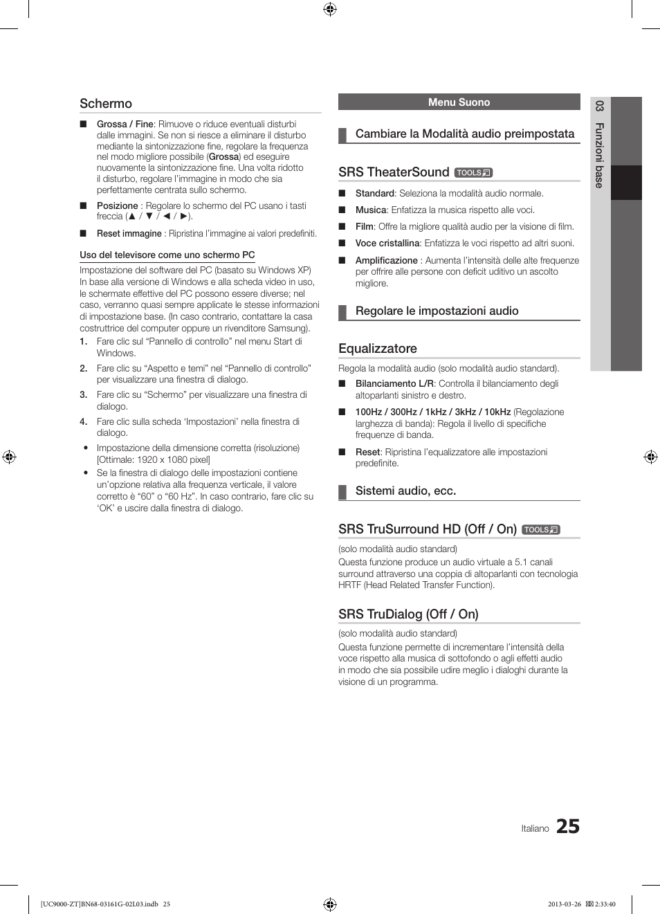 Schermo, Srs theatersound, Equalizzatore | Srs trusurround hd (off / on), Srs trudialog (off / on) | Samsung UE40C9000SP User Manual | Page 89 / 195