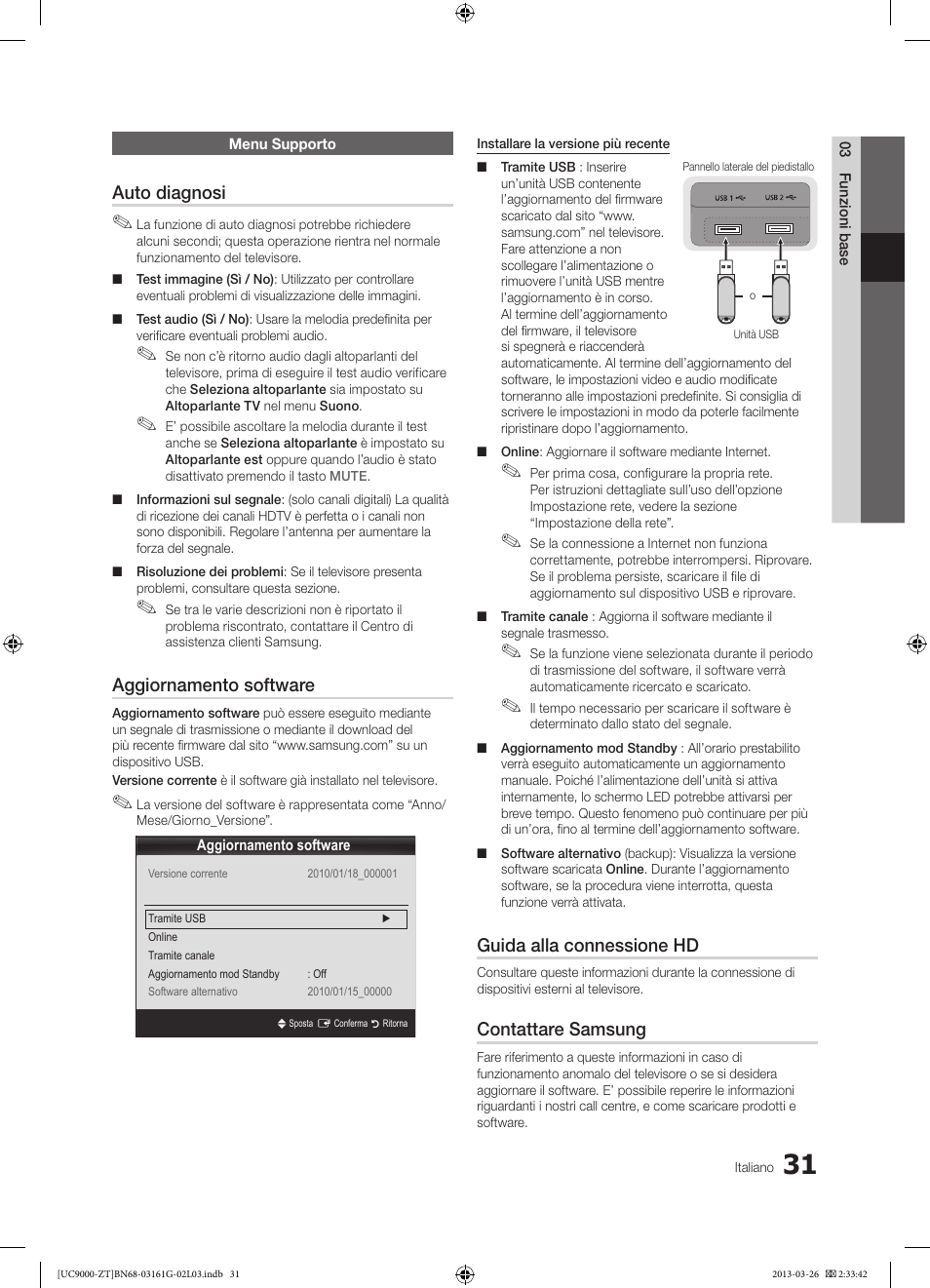 Auto diagnosi, Aggiornamento software, Guida alla connessione hd | Contattare samsung | Samsung UE40C9000SP User Manual | Page 95 / 195