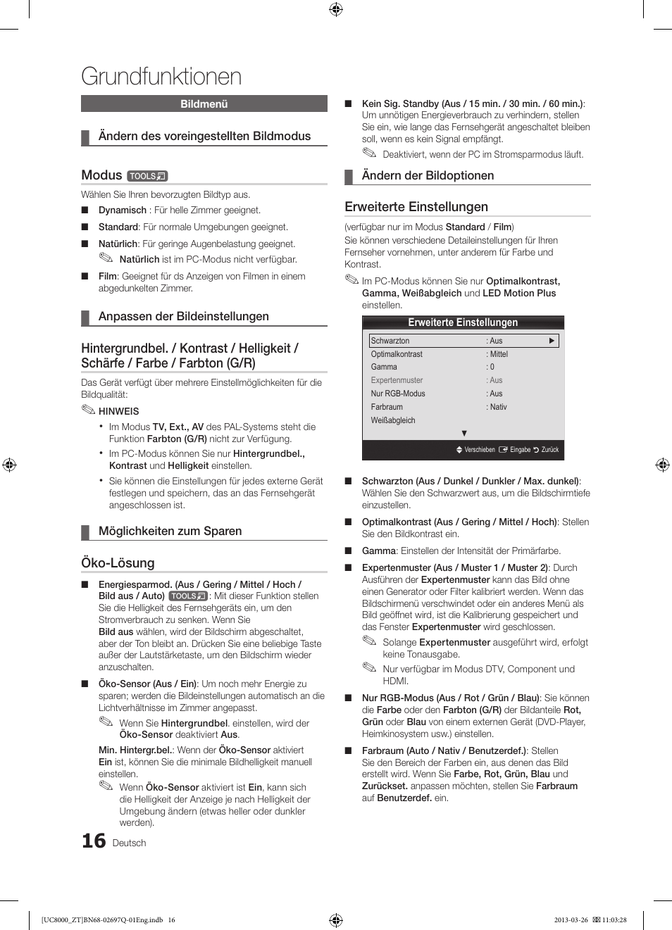 Grundfunktionen, Modus t, Öko-lösung | Erweiterte einstellungen | Samsung UE55C8000XP User Manual | Page 144 / 193