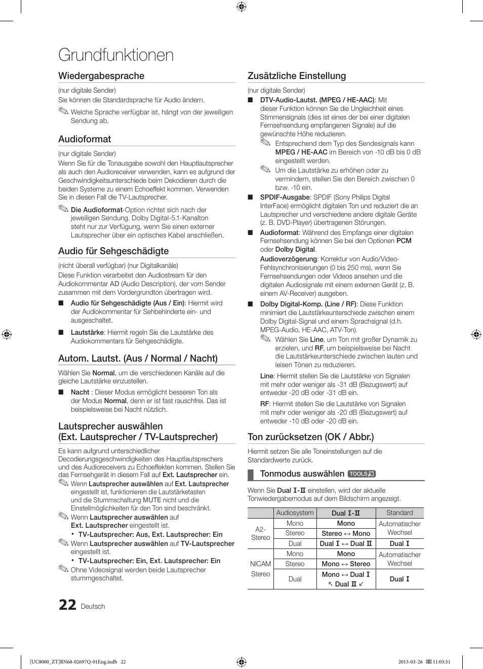 Grundfunktionen, Wiedergabesprache, Audioformat | Audio für sehgeschädigte, Autom. lautst. (aus / normal / nacht), Zusätzliche einstellung, Ton zurücksetzen (ok / abbr.) | Samsung UE55C8000XP User Manual | Page 150 / 193