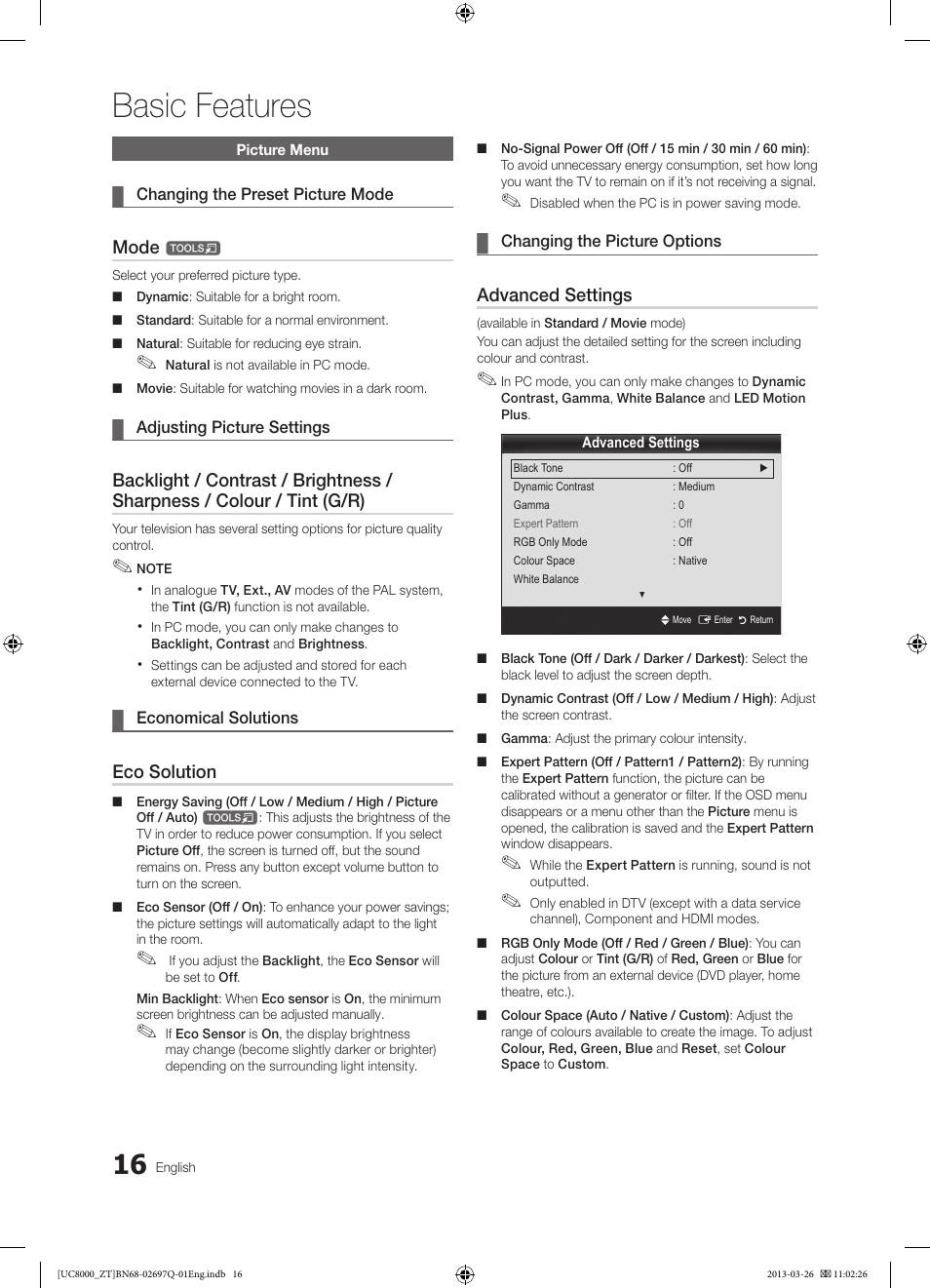 Basic features, Mode, Eco solution | Advanced settings | Samsung UE55C8000XP User Manual | Page 16 / 193